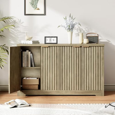Grande armoire-buffet cannelée avec rangement décoratif, crédence moderne de 55 po avec tablettes réglables