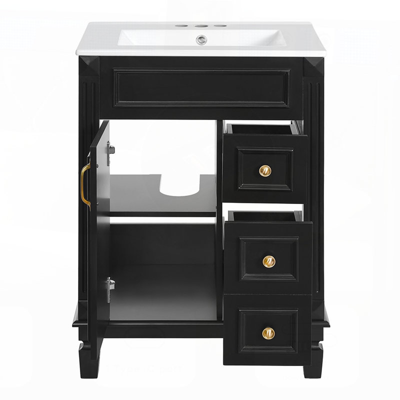 Meuble-lavabo 24 po avec lavabo en céramique, conception compacte, 2 tiroirs et tablette réglable pour les petits espaces
