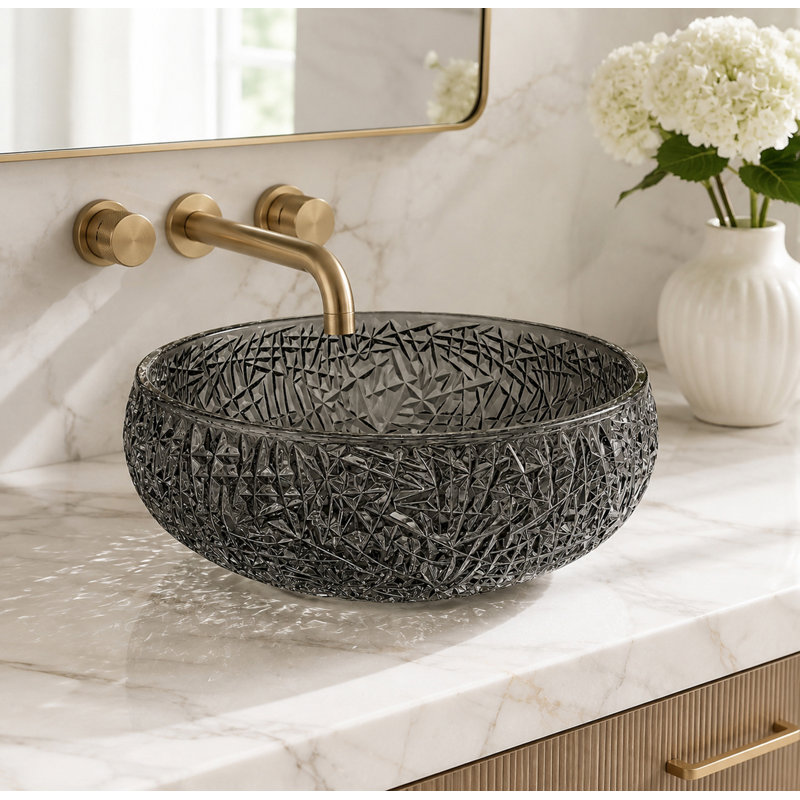 Lavabo de salle de bain rond en verre noir clair avec motif en cristal de 17 po Moonshell - Collection Clearview, Noir clair