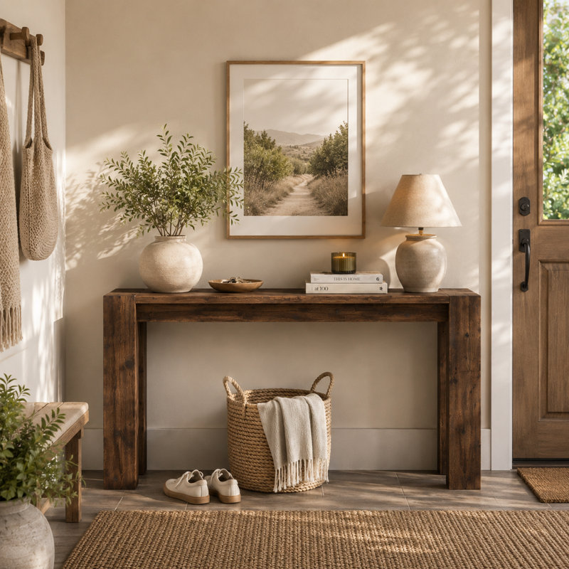 Table d'entrée / table de salon en bois massif avec finition grain de bois naturel; Convient pour une utilisation à la maison comme étagère de présentation dans le vestibule ou le salon.