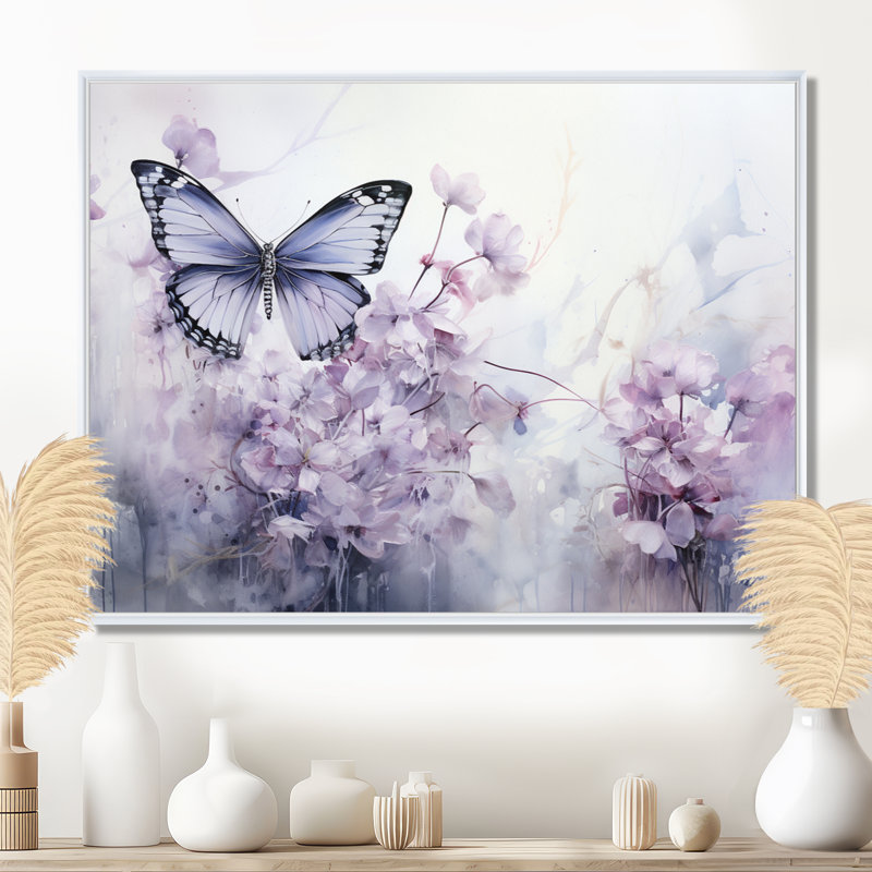 «Mauve papillon enchanté, vol I», art sur toile papillon, Cadre flottant blanc, 30" H x 40" W