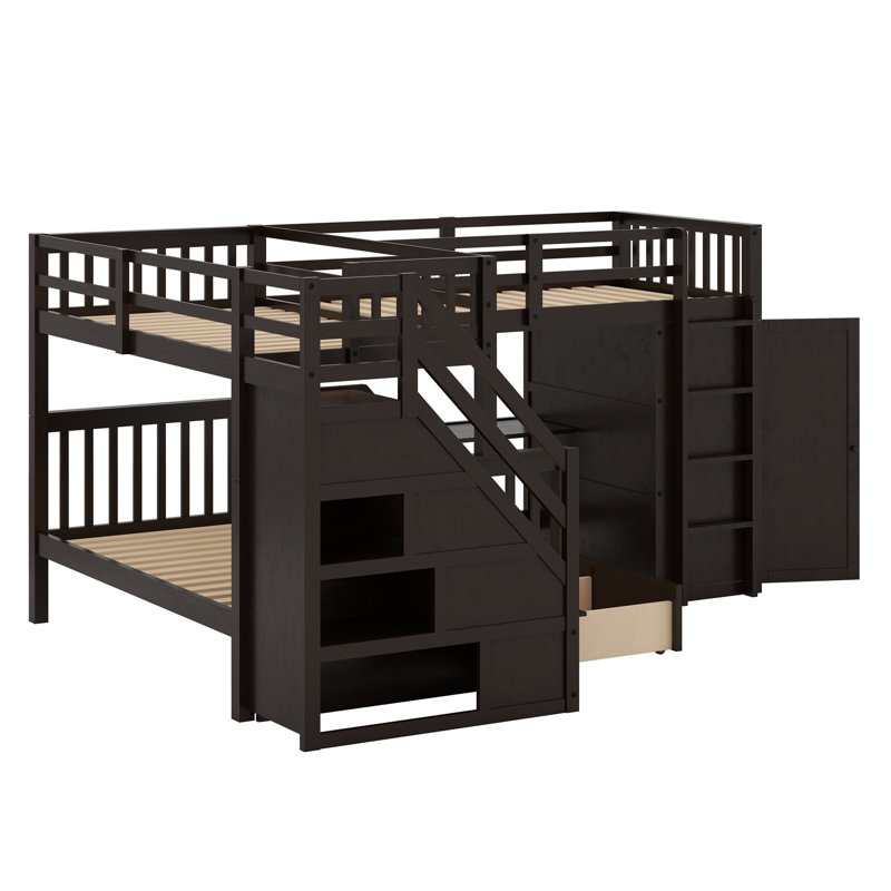 Lit superposé en L avec 3 tiroirs, bureau portable et garde-robe, Espresso