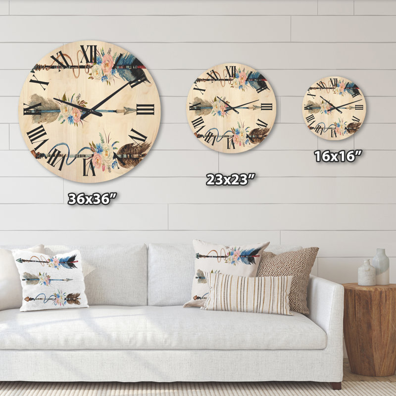 Horloge murale en bois plumes et fleurs, Très grand