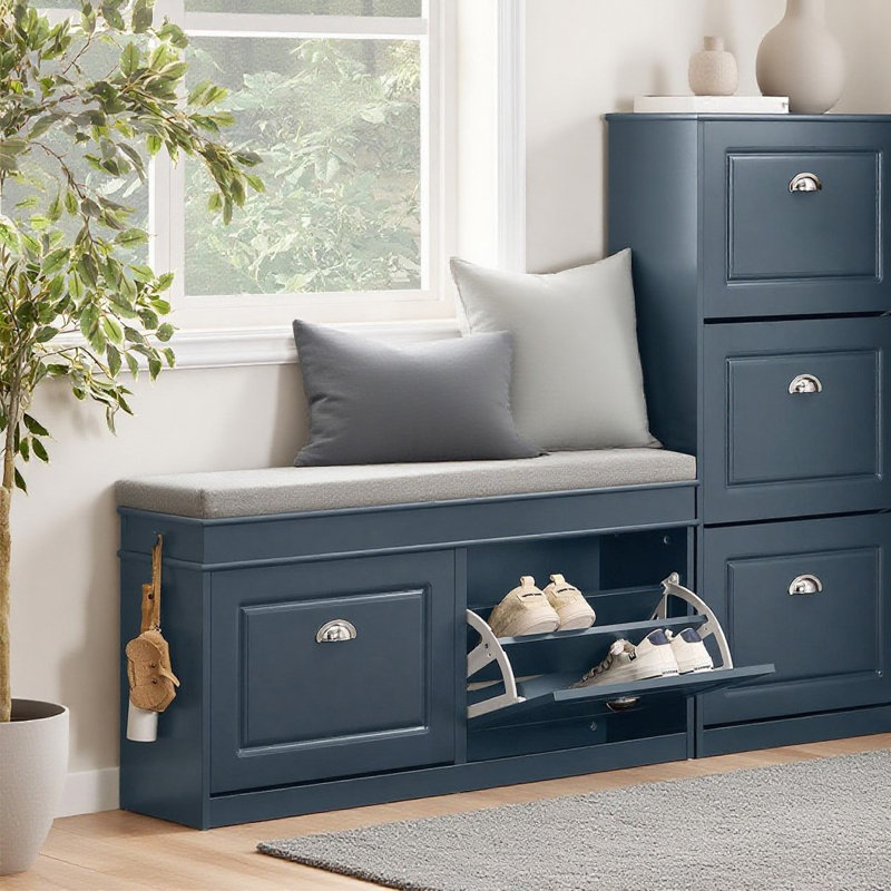 Banc de rangement à chaussures bleu étroit avec tiroirs rabattables et siège rembourré pour hall d'entrée, l 40,9 po x P 9,4 po x H 20 po
