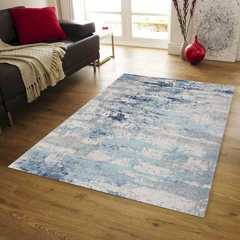McLigeboro vestige bleu; Gris Tapis blanc abstrait en coton fabriqué à la main, Rectangle 9 pi x 12 pi