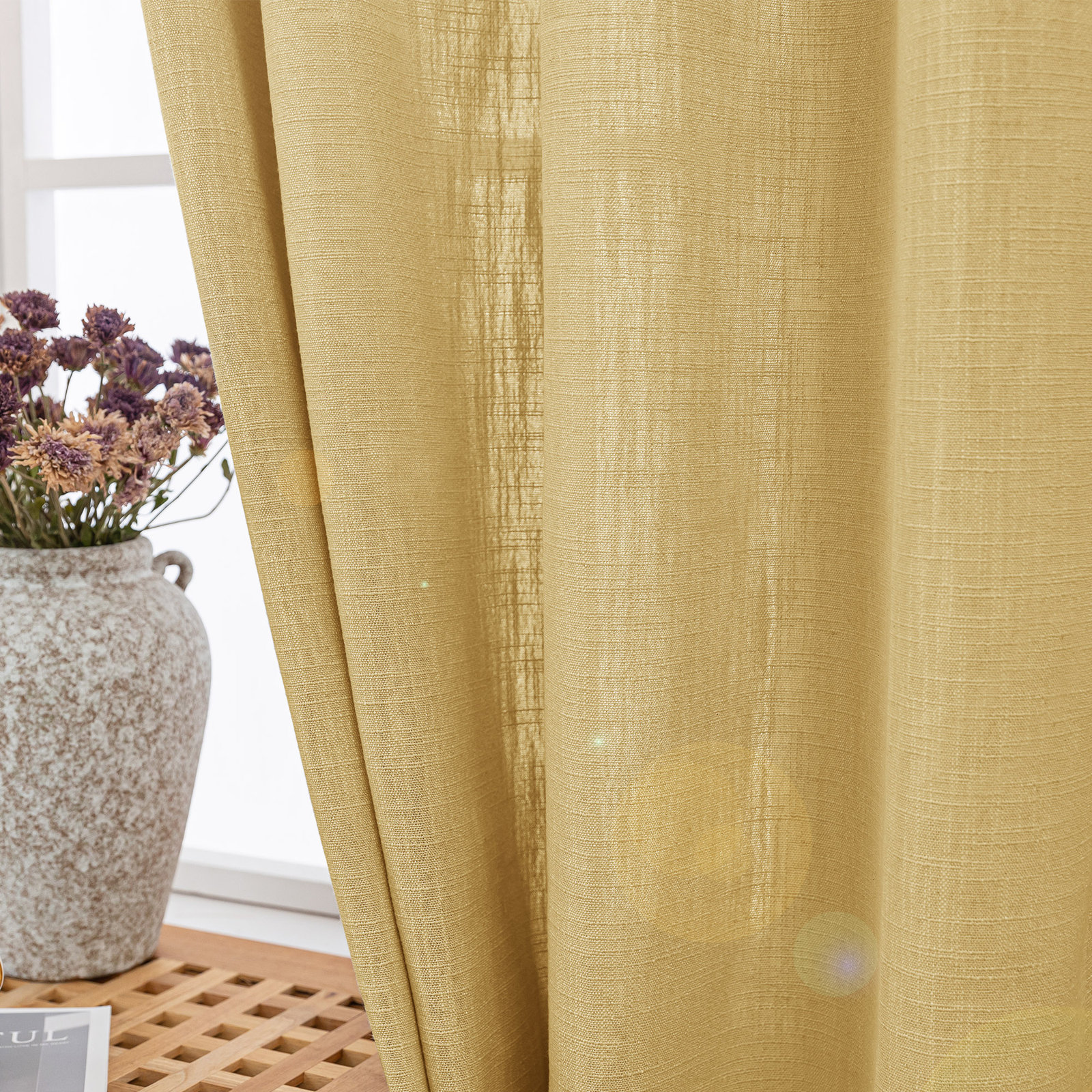 Kambi Semi-Sheer Linen Blend Curtain Set, 52" W x 84" L, Mustard