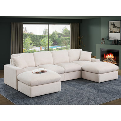 Aura Modern Modular U Shape Sectional Sofa with 2 Versatile Ottomans and Accent Pillows Convertible Chenille Couch