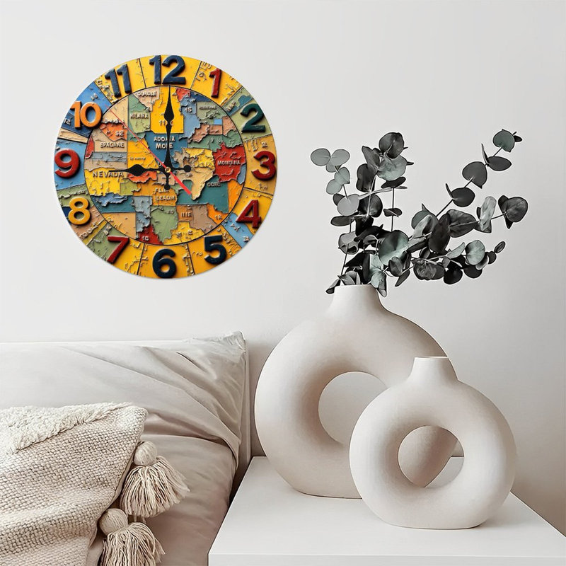 Colorful 2D Map Wall Clock for Home Decor
