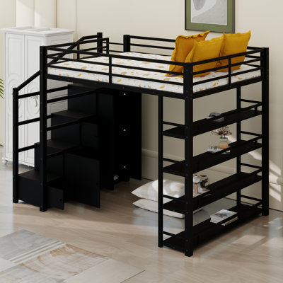 Modern Loft Bed Including Display Shelves, Storage Cabinets