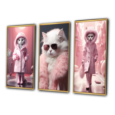 3 pièces sur toile - Chat Fashionista blanc en manteau rose
