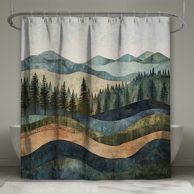 Layered Mountain Landscape Shower Curtains Extra Long, 70in W x 84in H
