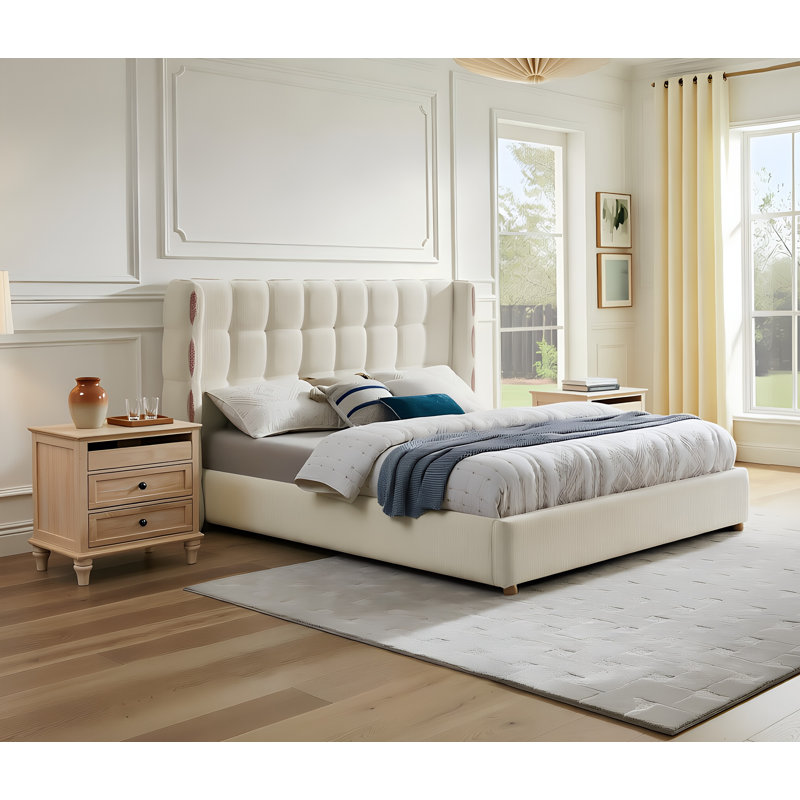 Ensemble de chambre à coucher 3 pièces, lit gaufré à oreilles King Chenille avec système hydraulique et 2 tables de chevet de ferme avec ports USB et Type-C 