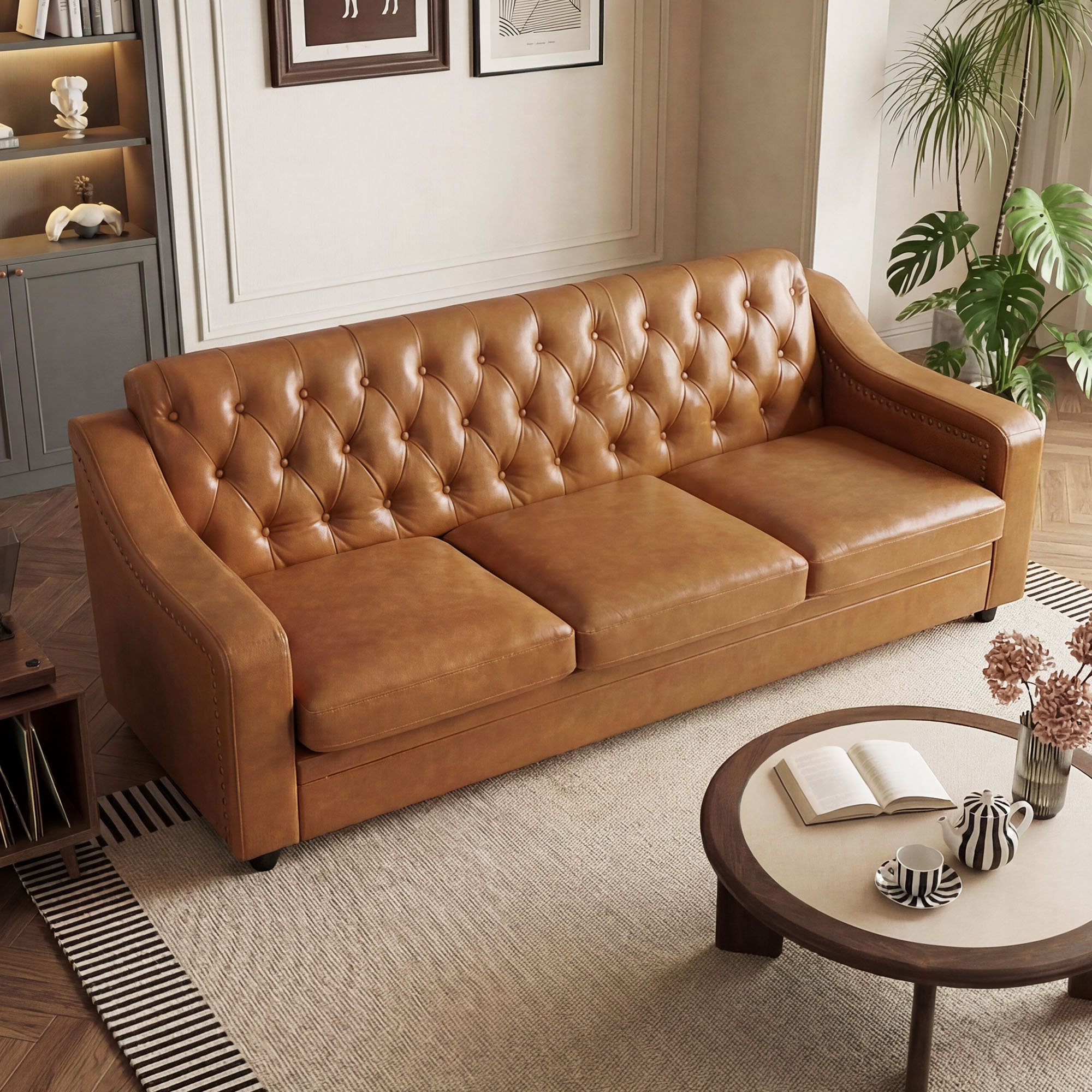 Latitude Run® Mid-Century Modern 78.7" Leather Sofa, Tufted Upholstered ...