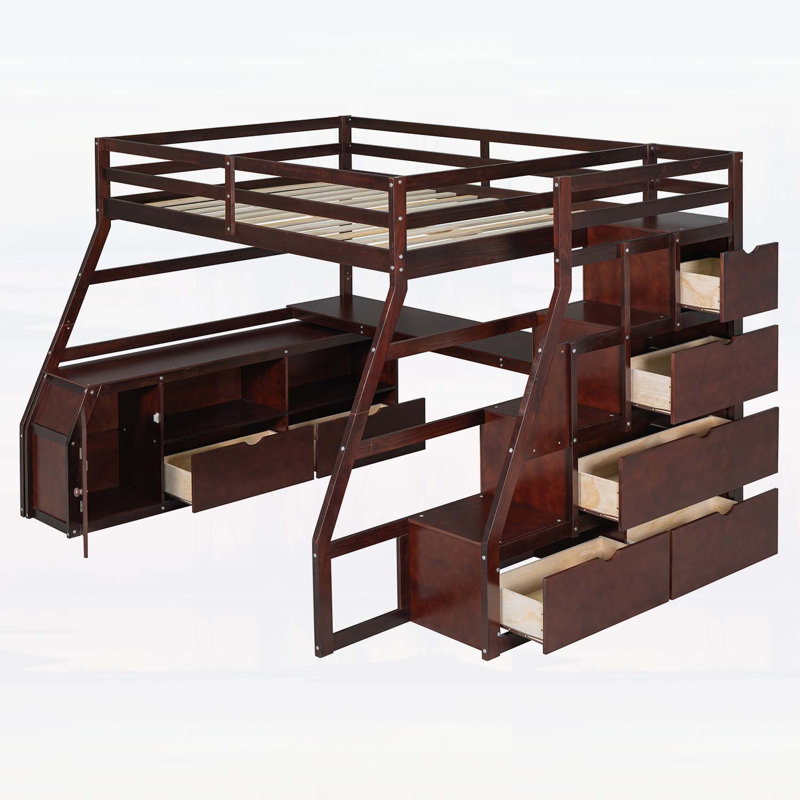Lit mezzanine double avec 7 tiroirs, 2 tablettes et bureau pour une utilisation multifonctionnelle et peu encombrante au fini espresso