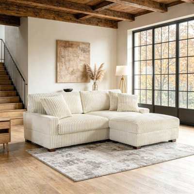 3 - Piece Upholstered White Faux Rabbit Fur Flannel Modular Sectional Sofa with Throw Pillows & Removable Ottomans