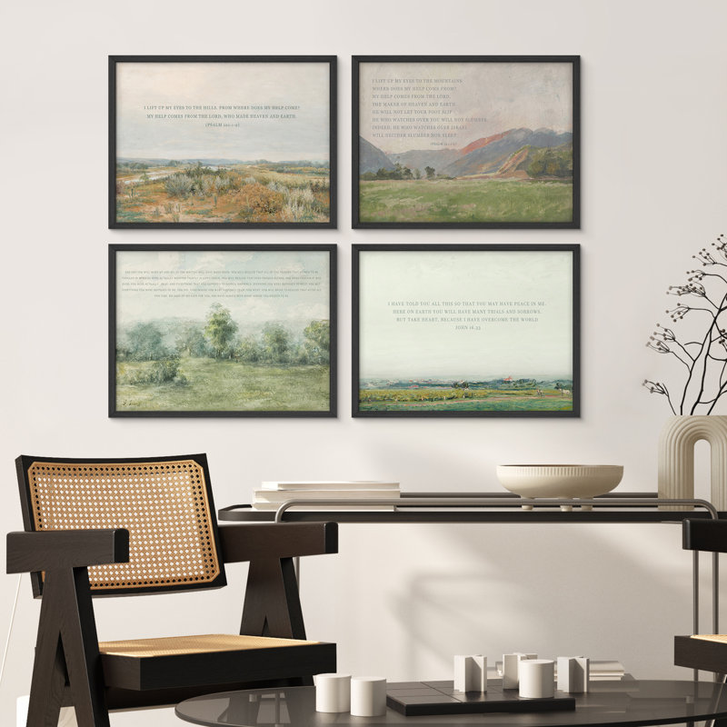 Ensemble de 4 pièces d'art mural encadré paysage biblique - Versets de la Bible avec impressions de paysages de campagne pour une décoration intérieure