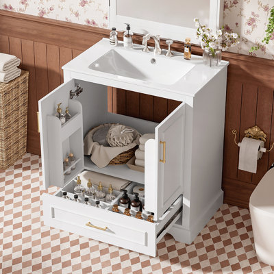 Meuble-lavabo de 30 pouces avec lavabo, panneau de fibres à densité moyenne et structure en bois massif, 1 tiroir de séparation, 2 portes à fermeture en douceur, conception autoportante