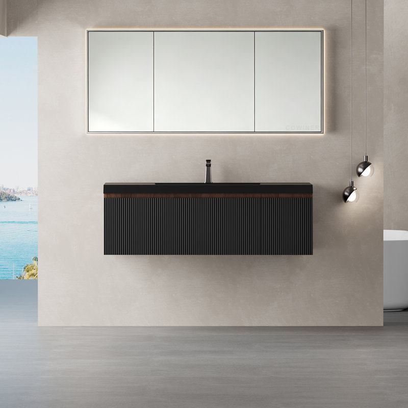Ensemble de meuble-lavabo flottant mural 48 po en noyer fumé avec plateau en quartz noir, 48"
