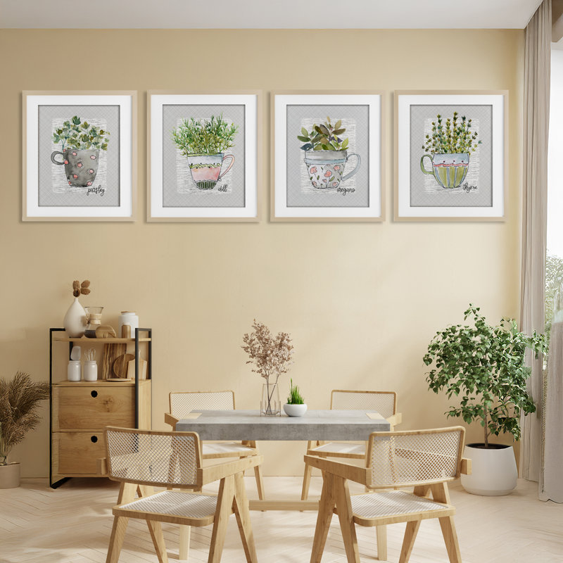 "Kitchen Herbs in Mugs", ensemble de 4 impressions encadrées sous verre, design par Livi Finn, H 21 po x l 17 po