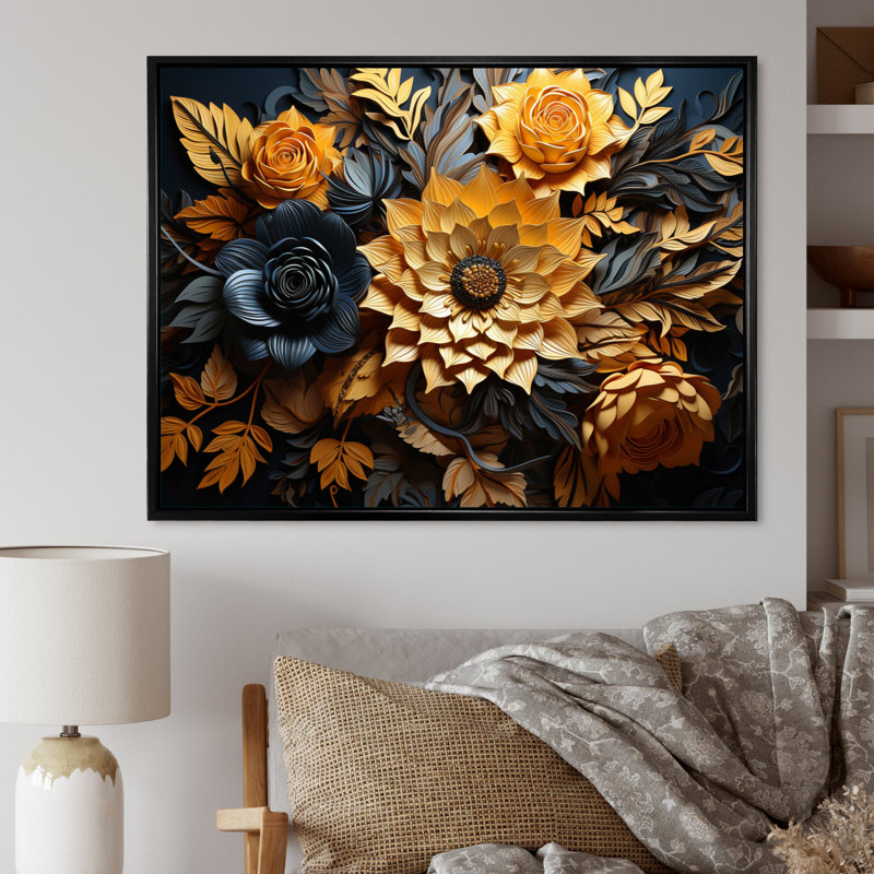 Fleur jaune contrastant beauté - impression, H 24 po x l 32 po x P 1 po, Cadre flottant noir