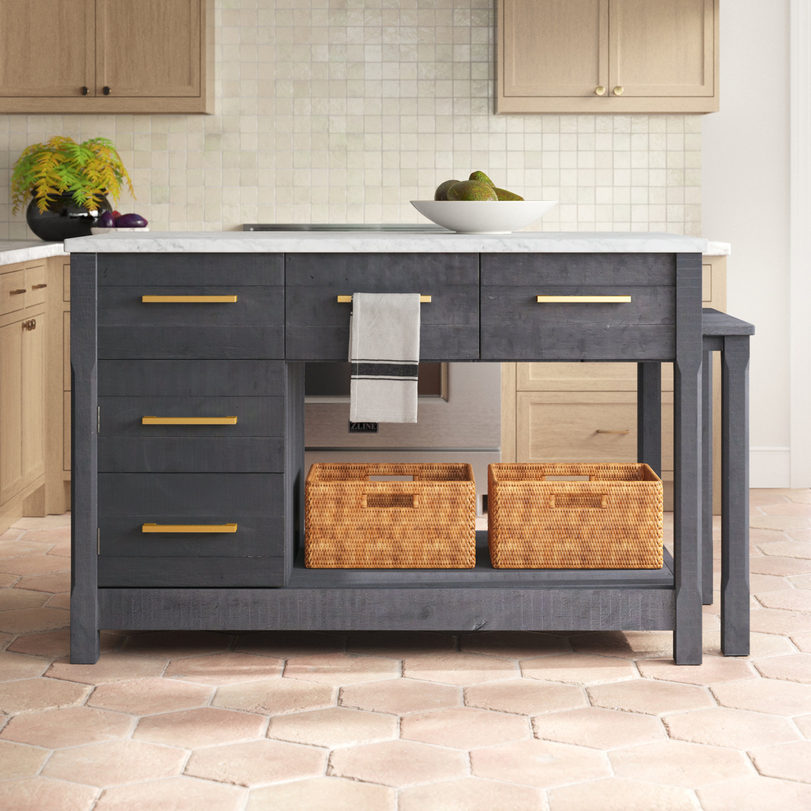 Karelia Kitchen Island, Marble/Black