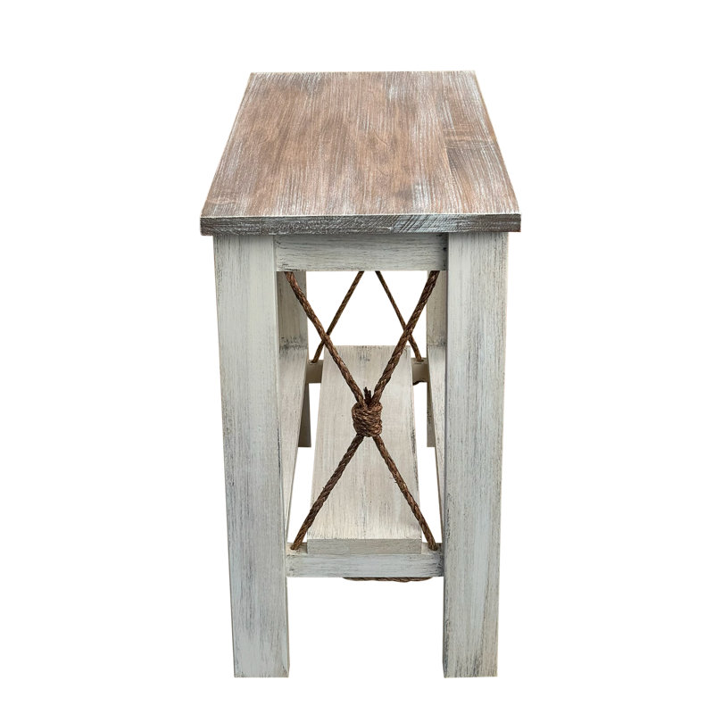 Table d'appoint tout en bois avec tablette à lattes et corde nouée, Brun