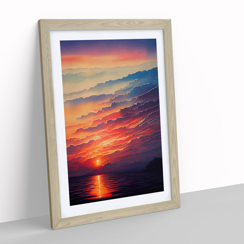 XV1022-3944X Shining Ocean Sunset - Print, White, 66cm H x 48cm W, Oak Framed