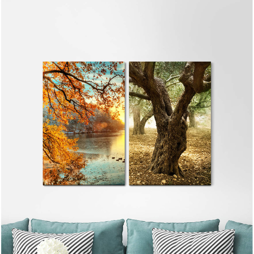 2-tlg. Leinwandbilder-Set - Fotografie „Lake Pond Autumn Old Tree Sunset Nature Healing”