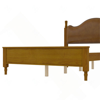 Lit plateforme en bois de style Mid-Century, format Queen, avec tête de lit rembourrée en tissu, couleur noyer.
