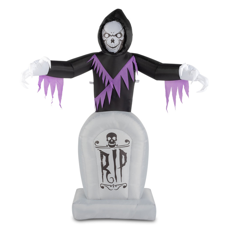 Faucheuse gonflable d'Halloween de 6 pi avec cimetière, 3 lumières DEL, décoration de cour extérieure imperméable avec ventilateur, piquets et cordes