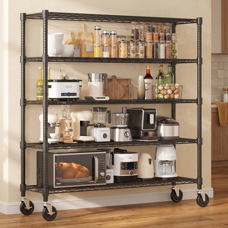 Étagère métallique robuste à 5 niveaux, tablettes de rangement à roulettes, P 18 po x l 60 po x H 82 po, Noir