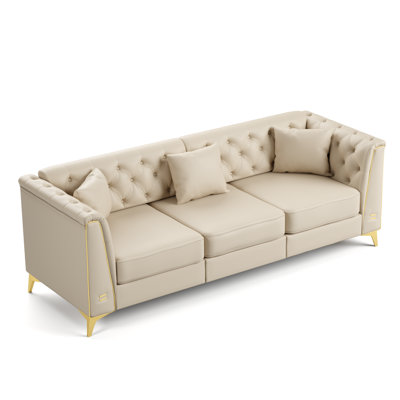 Canapé Chesterfield 3 places modulaire avec coussins capitonnés beige pour salon, appartement