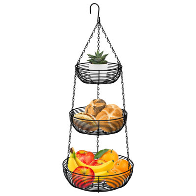 Organisateur de cuisine robuste à 3 niveaux avec panier à fruits suspendu et 2 crochets de plafond en métal, noir