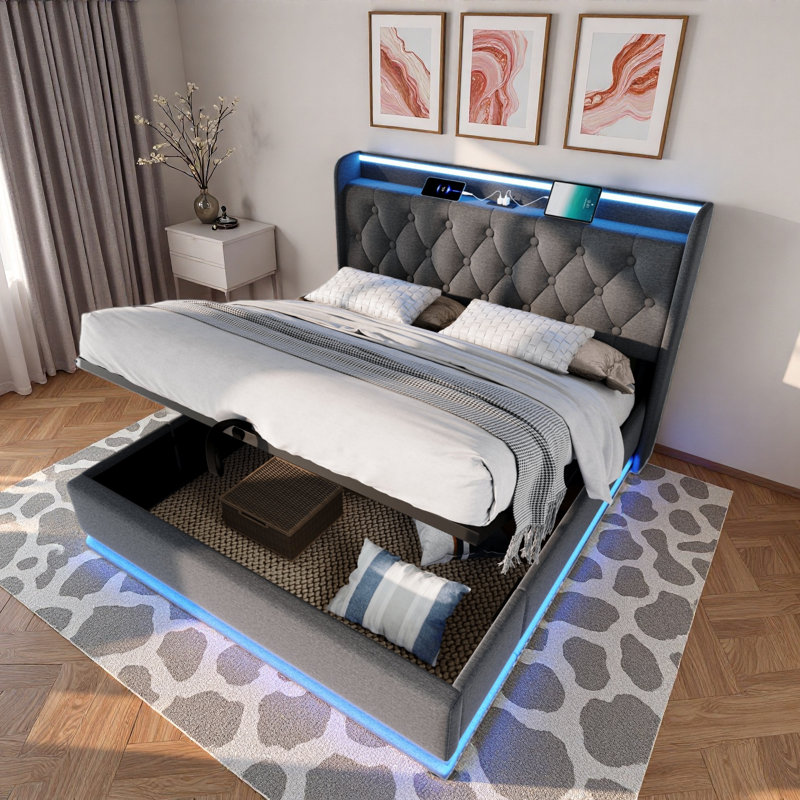 Lit tapissier avec DEL, rangement hydraulique et charge USB Type-C, Très grand lit