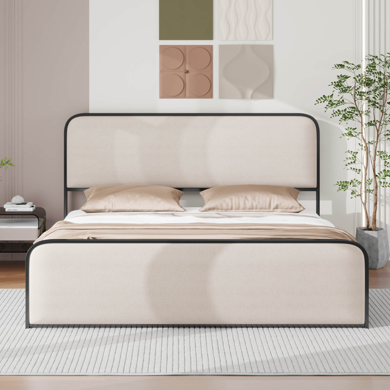 Structure de lit avec tête et pied de lit rembourrés en tissu courbé, lit moderne avec 4 tiroirs de rangement, Très grand, No