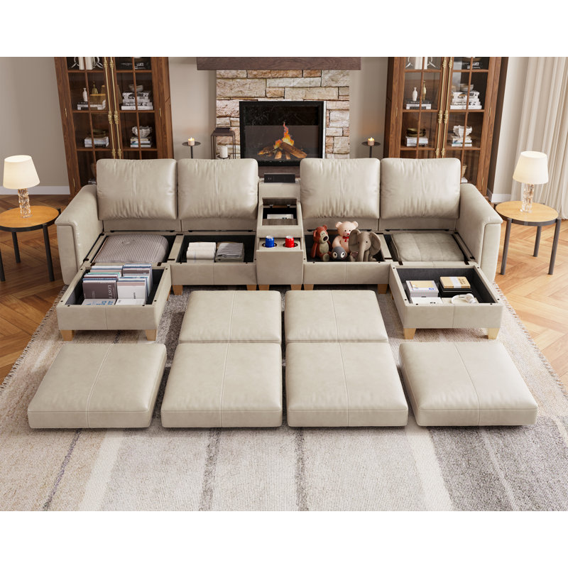 Canapé modulaire en forme de U de 132 po de largeur à 6 places avec console et rangement, Greige, Greige Faux Leather