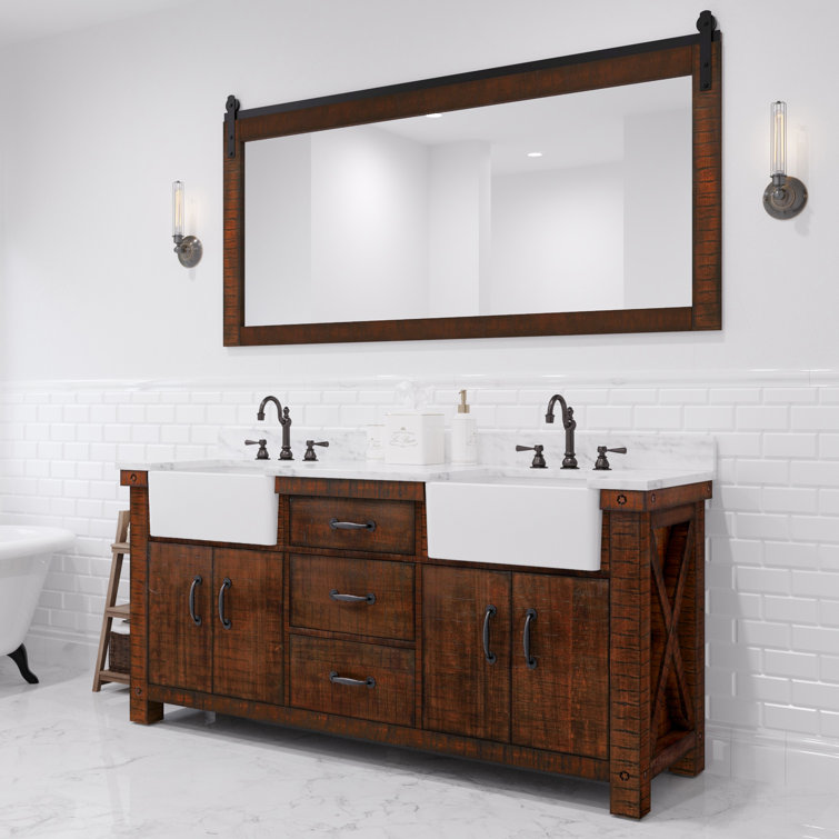 Paisley 72 In. Double Sink Carrara White Marble Countertop Vanity In Rustic Sienna With Mirror