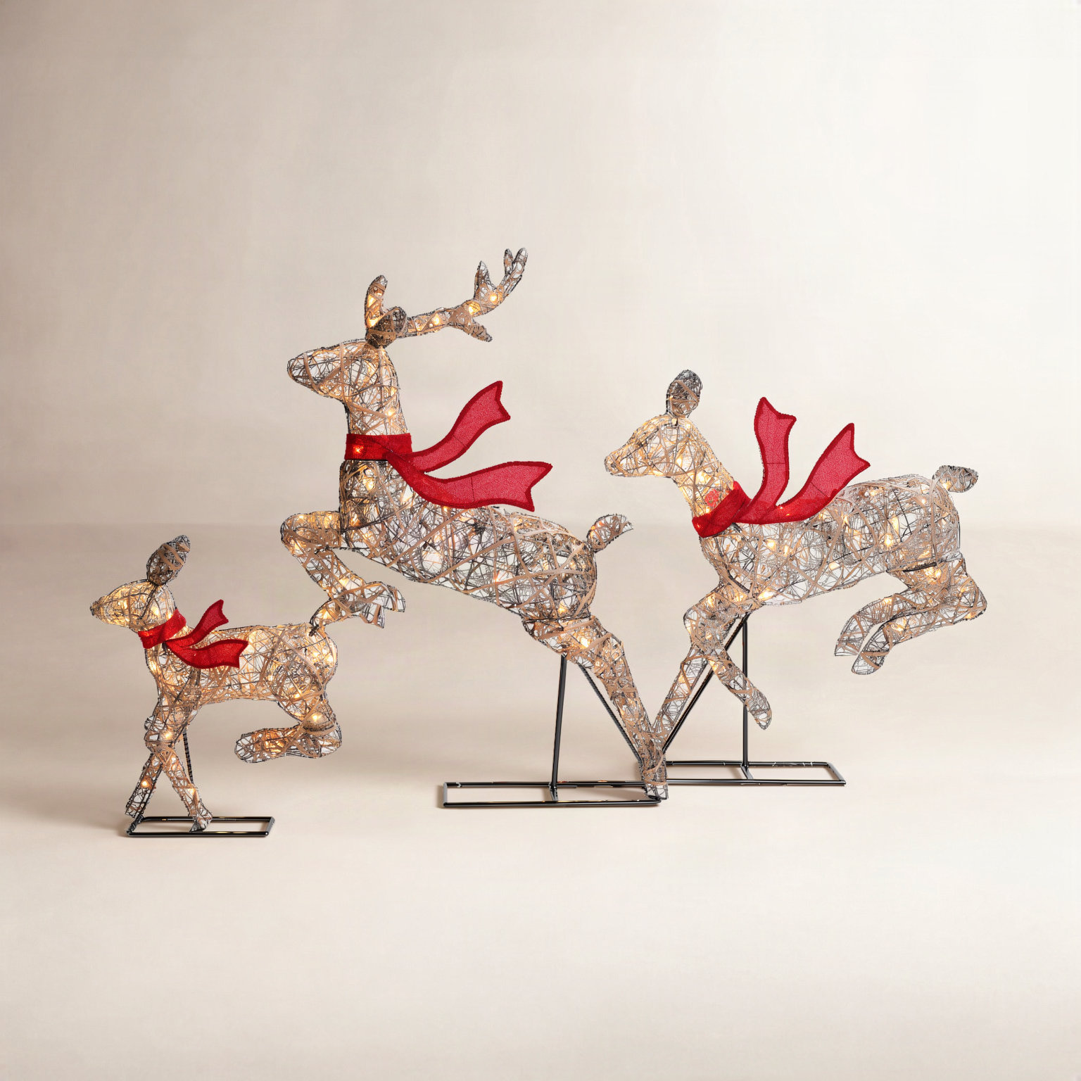 Lighted Rattan Running Reindeer Set, 52.4in H x 33in W x 18in D, Brown/Red