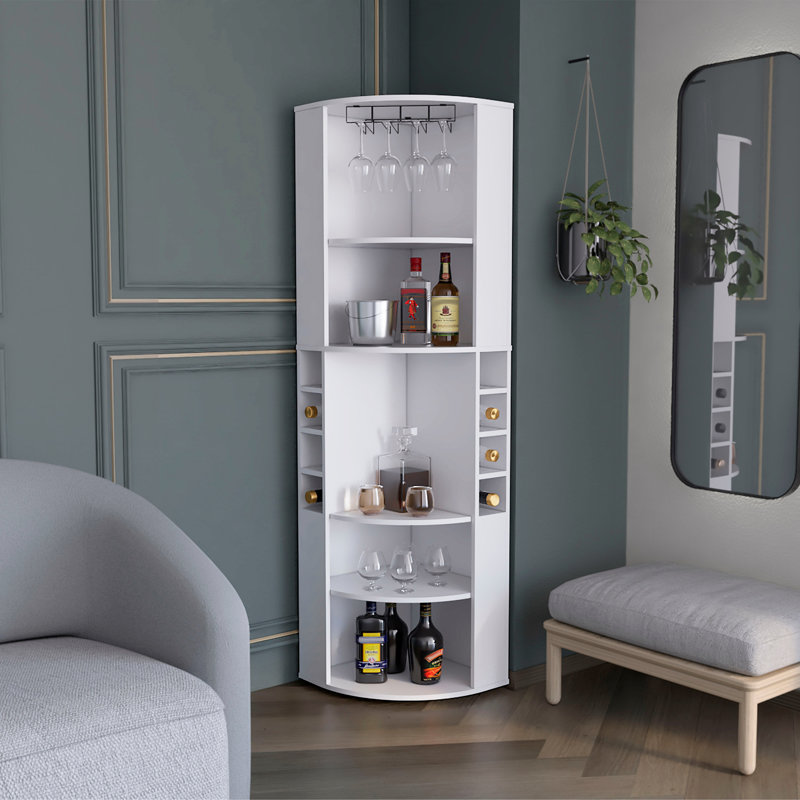 Oban Corner Bar Cabinet with Five Shelves , Eight Bottle Cubbies and Steamware, White