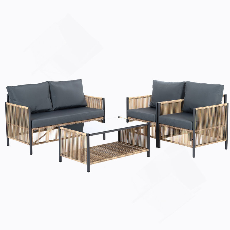 Ensemble de canapé de patio brun en osier 4 pièces avec coussin gris