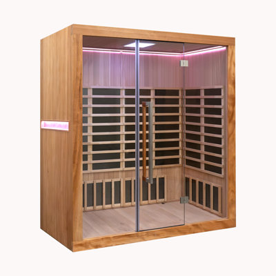【Hot Yoga Model】Hongyuan 3-4 Person 82“H x 76”W Sauna Room Yoga Sauna Indoor Sauna with 15 Low EMF Heating Films FAR Infrared Sauna with Bluetooth In Okoume & Hemlock Wood for Gym