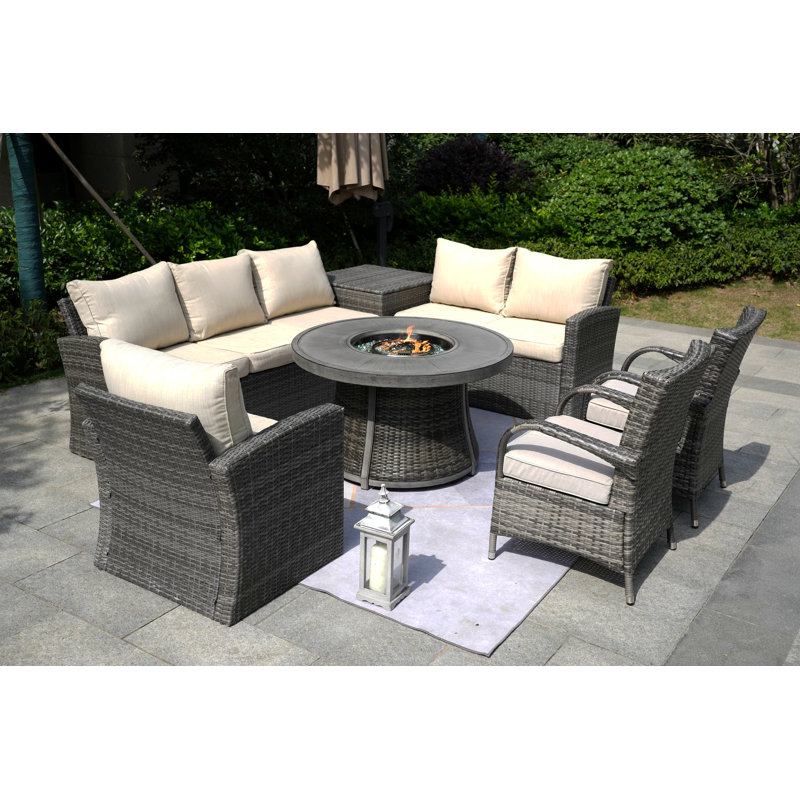 Ensemble de conversation en osier / rotin pour 8 personnes avec coussins Areefa, Gris