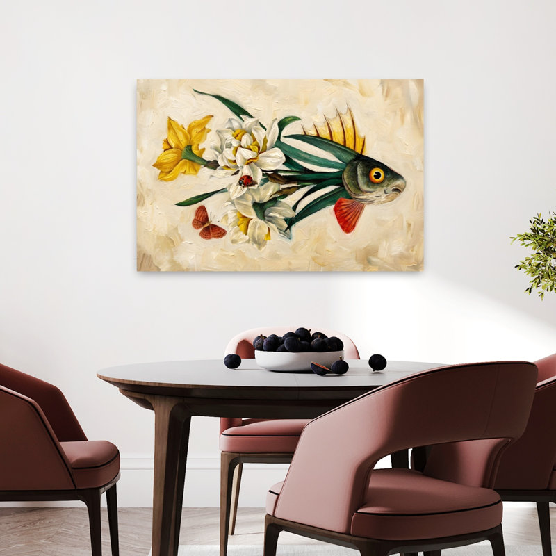 Art floral, fantaisie surréelle, fantaisiste, papillon, coccinelle, fleur de jonquille, art mural, 24" H x 36" W