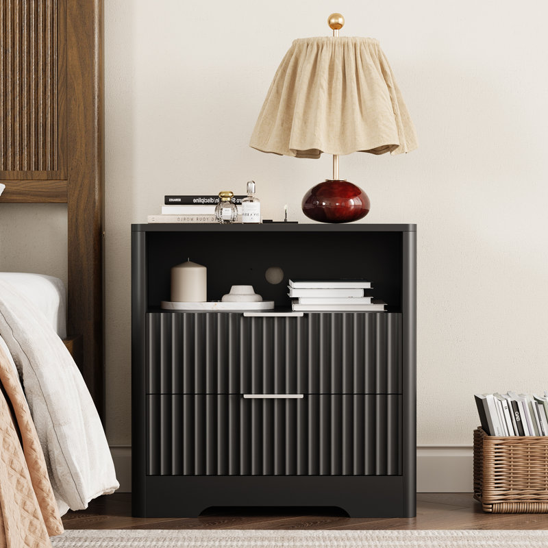 Fluted Smart Nightstand With Charging Station, Voice-Controlled Led Light, Bedside Table With Shelf And Cabinet, Black
