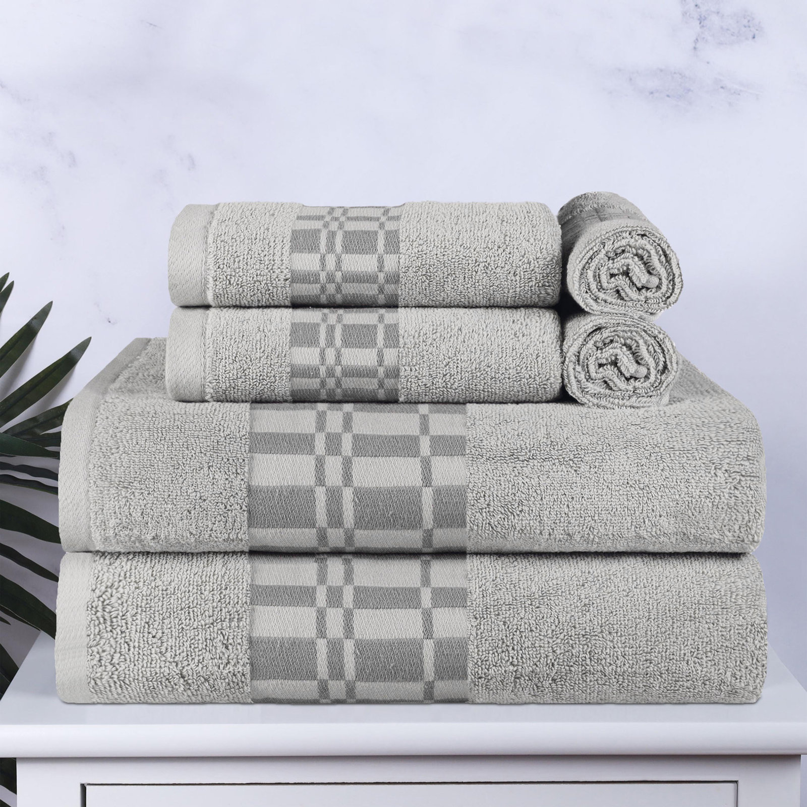 Mikira Larissa Cotton Medium Weight Geometric Border 6 Piece Assorted Towel Set, Chrome