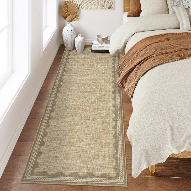 Scalloped Machine Washable Rug Modern Solid Floor Mats with Non-Slip Backing, Stain-Resistant Low Pile Accent Rug, Contemporary Indoor Carpet for Living Room, Bedroom, Office