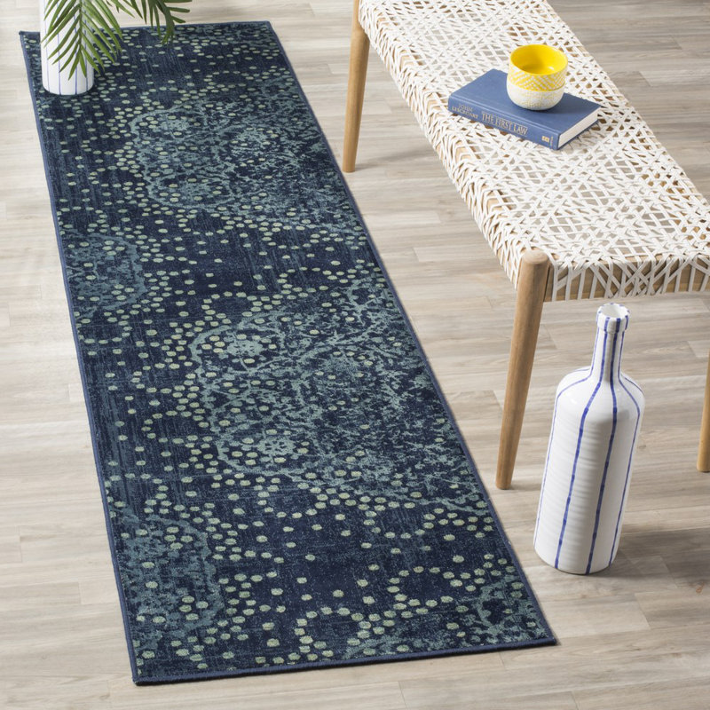 Tapis abstrait bleu Thursa, Tapis de couloir 2 pi 2 po x 8 pi