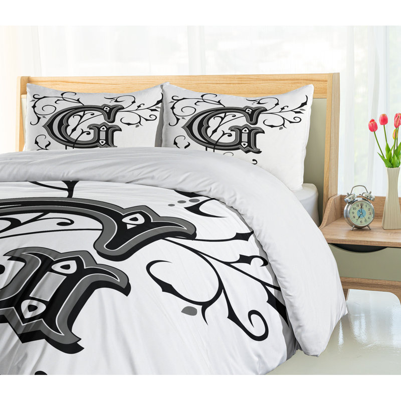 Black and White Queen Size Monogram Duvet Cover Set