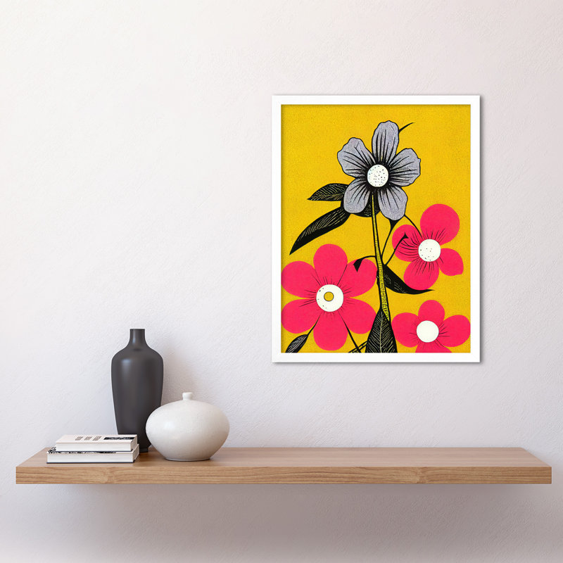 Bold Flowers Linocut Pink Mustard Yellow - Print, 43cm H x 33cm W, White Framed Paper