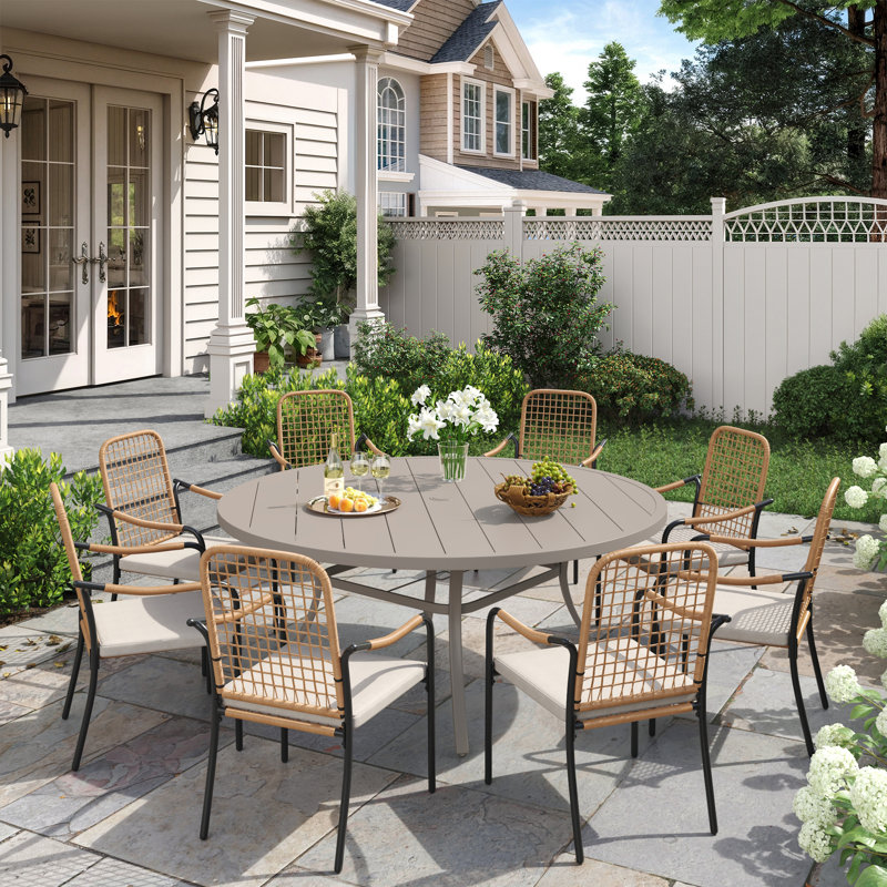 9-Pieces Patio Round Outdoor Dining Set With Rattan Stackable Chair, Cream